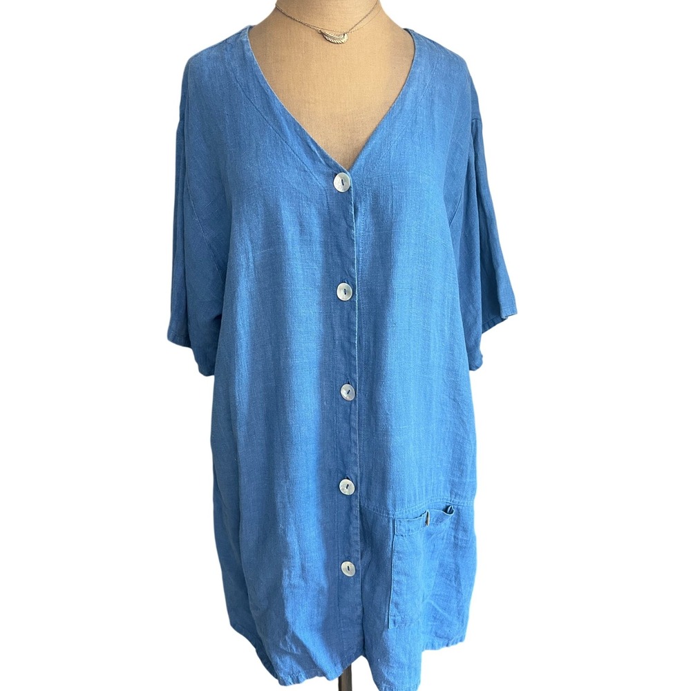 VTG Linen Button Front Tunic Dress V-Neck Short Sleeve Oversized coverup US 1X